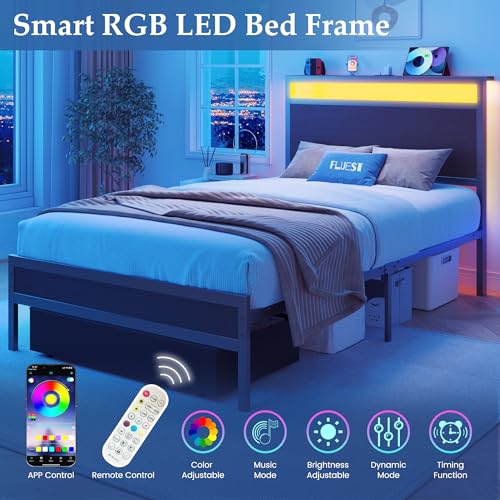 Fluest Twin Bed Frame,Twin Bed Frame with Storage Headboard & Storage Drawer, Charging Station & LED Light, No Box Spring Needed, Noise Free, Easy Assembly, Classic Black Fluest