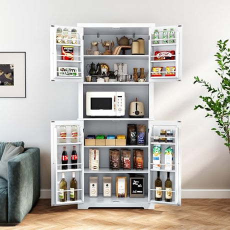 HLR 72" Kitchen Pantry Storage Cabinet, Freestanding Larder Cupboard, Kitchen Hutch Cabinet with Microwave Stand,Utility Pantry with Doors and Shelves for Dining Room, Living Room HLR