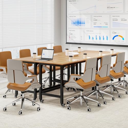 Tangkula Conference Room Table Set of 4, Mobile Computer Desk with Removable Storage Bag & 2 Hanging Hooks, Rolling Meeting Table with Heavy-Duty Metal Frame, Conference Desk (Natural) Tangkula