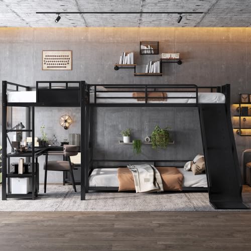 Metal Triple Bunk Beds with Slide, Desk and Storage Shelves, L-Shaped Twin Over Full Bunk Bed with 2 Ladders and Guardrails for Kids Teens, Noise-Free Design (Black, Twin/Full) CITYLIGHT