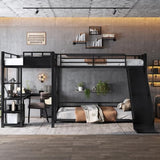 Metal Triple Bunk Beds with Slide, Desk and Storage Shelves, L-Shaped Twin Over Full Bunk Bed with 2 Ladders and Guardrails for Kids Teens, Noise-Free Design (Black, Twin/Full) CITYLIGHT