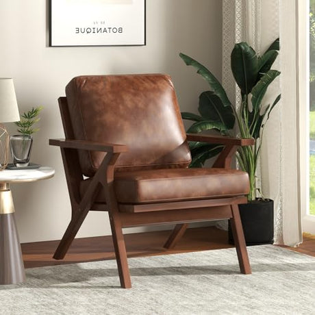 Bonzy Home Faux Leather Accent Chair for Living Room,Upholstered Armchair with Cushions and Solid Wood Frame, Mid-Century Modern Lounge Chair for Bedroom or Office,Brown Bonzy Home