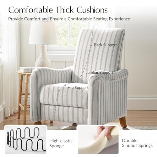 HULALA HOME Farmhouse Recliner Chair with Solid Wood Spindle Legs, Striped Push Back Recliner Armchair with Adjustable Backrest & Footrest, Comfy High Back Lazyboy Single Sofa for Living Room, Blue