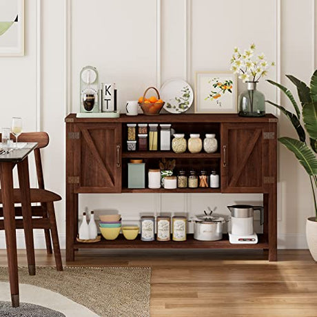 Giantex Buffet Sideboard, Farmhouse Wood Cupboard w/ 2 Storage Cabinets & 2-Tier Open Shelf, Spacious Countertop, Adjustable Shelves, Anti-Tipping, for Kitchen Living Room (Brown) Giantex