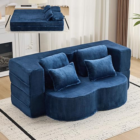 Orynveela Convertible Folding Sofa Bed, 78” Full Size Floor Sleeper Couch, Chenille Full Foam Futon Loveseat for Living Room Bedroom, No Assembly Required (Deep Blue) Orynveela