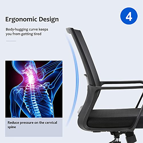 FDW Office Chair Ergonomic Desk Chair Mid-Back Mesh Computer Chair Lumbar Support Comfortable Executive Adjustable Rolling Swivel Task Chair with Armrests,Black FDW