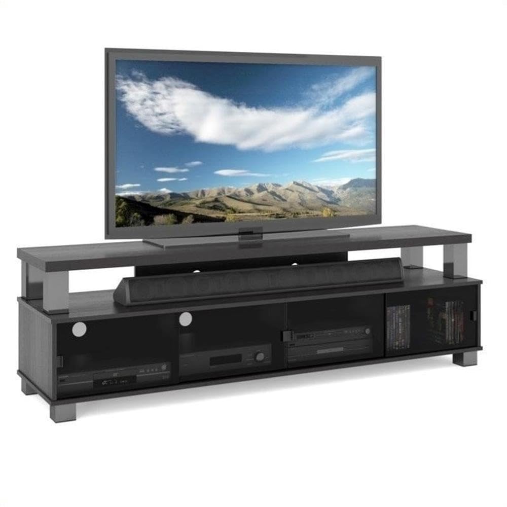 BOWERY HILL 75" W Transitional Wood TV Stand with Glass Doors, Ample Storage, Open Shelf, Cable Management System, Accommodates Most TVs 48"- 95", for Living Room, in Ravenwood Black Finish BOWERY HILL