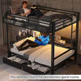 Full over Full Bunk Bed with Storage Drawers and Shelves, Metal Bunk Beds with Lights and USB Ports, Convertible Lower Bunkbed Full for Guest Room, Bedroom, Dorms, Multi-function and Noise-free, Black Bellemave