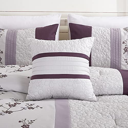 Chezmoi Collection Linnea 7-Piece Luxury Purple Lavender Gray Cherry Blossom Floral Embroidery Comforter Set, Queen Chezmoi Collection