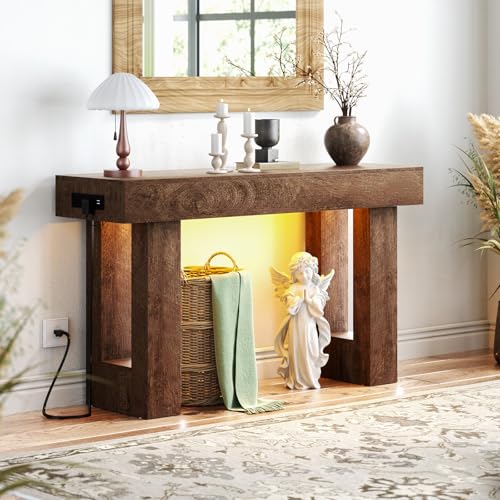 Unikito 47" Entryway Table with Socket and Sensor Light, Narrow Console Table with Storage Behind Couch, Farmhouse Entry Way Tables with Open Storage for Entrance/Hallway/Living Room, Rustic Oak Unikito