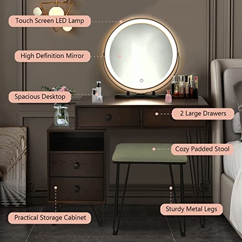 DORTALA Vanity Set, Wooden Makeup Dressing Table with 3 Colors Lighted Mirror & Stool, Left or Right Side Cabinet, Lipstick Storage Box, Large