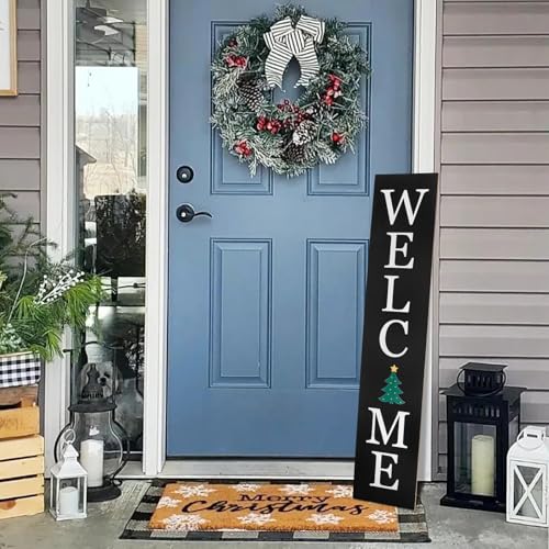 Interchangeable Welcome Sign for Front Porch- 45"X9" Large Standing/Hanging Wooden Sign with 12 PCS Replaceable Icons for Farmhouse Harvest Fall Halloween Thanksgiving Porch Wall Yard Decorations (Black)