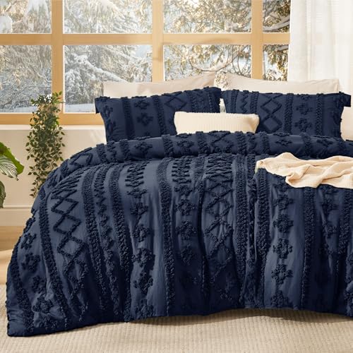 Bedsure Tufted Boho Comforter Set King Size - Navy Boho Bed Set, GentleSoft™ 3 Pieces Farmhouse Shabby Chic Embroidery Bedding, Gifts for Woman, Soft Jacquard King Comforter for All Seasons Bedsure