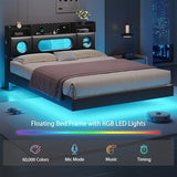 busyaeh Floating Bed Frame Queen with Storage Headboard, Platform Bed Queen Size with Storage & LED Lights,Metal Floating Queen Bed Frame, No Box Spring Needed, Noise-Free, Easy Assembly, PU Black busyaeh