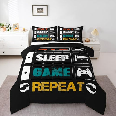 Boys Gaming Comforter Sets for Kids Twin Size Gamer Bedding Set Teens Video Games Comforter Duvet Room Decor Funny Creative Eat Sleep Game Repeat Design Reversible Inner Fill Quilt Set All Season