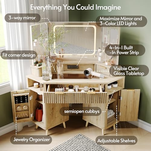 ENSTVER Corner Vanity with Clear Glass Top, 47" Corner Makeup Vanity Desk with Large Mirror and Lights, Fluted Wooden Vanity Wall-Mounted Jewelry Storage for Bedroom, Oak ENSTVER