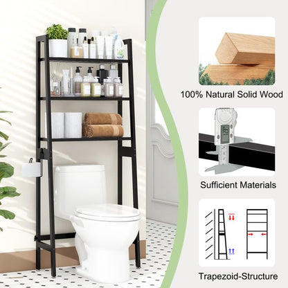 MallKing Over The Toilet Storage, Wooden 3-Tier Over-The-Toilet Rack Bathroom Space Saver Organizer, Freestanding Above Toilet with Toilet Paper Holder and Hooks (Black)