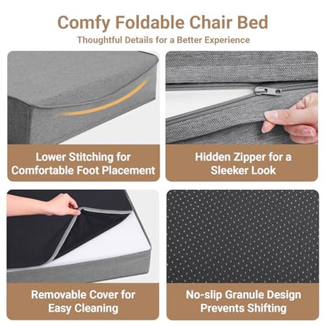 BeBen Folding Sofa Bed Chair, Convertible Sleeper Chair Futon Couch, Foldable Boneless Floor Lounger Sofa, Single Foam Chair Bed for Small Spaces, Dorm, Guest Room, Living Room, Apartment, Grey BeBen