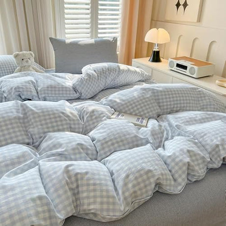 Nayoroom Gingham Duvet Cover Queen Size Blue White Plaid Checkered Comforter Cover 3 Pcs Soft Breathable Washed Microfiber Grid Farmhouse Bedding Set with Pillow Shams Nayoroom