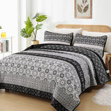 WONGS BEDDING Boho Quilt Set King, Bohemian Black Striped Patchwork Bedspread Coverlet Set with 2 Pillowcases,Lightweight Microfiber Floral Bedding Set 104"×90" WONGS BEDDING