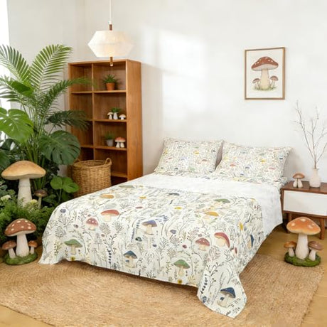 Erosebridal Cartoon Mushroom Sheet Set Flowers Branch Leaves Fitted Sheet for Kids Child,Colorful Mushroom Kawaii Bed Sheets Jungle Botanical Bedroom Decor King Size Erosebridal