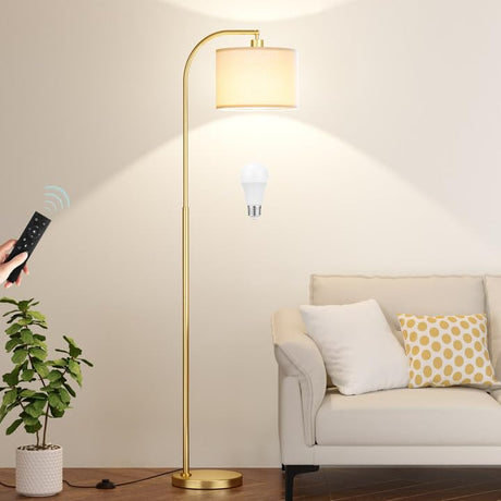 Ambimall Gold Arc Floor Lamp with Remote - Dimmable Bulb, Colors Temperature Adjustable, Easy Assembly, Modern Standing Lamp for Living Room Bedroom Office Reading Room Nursery (Beige Linen Shade) Ambimall