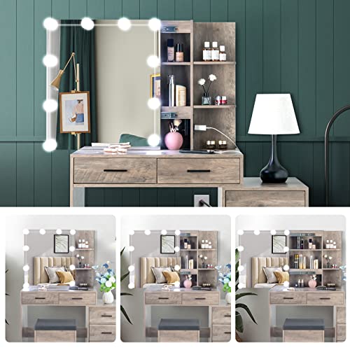 VINGLI Vanity Desk with Sliding Mirror & Lights & Charging Station & Drawers & Shelves, Farmhouse Modern Makeup Vanity Set with Stool for Bedroom - WoodArtSupply