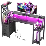 Korfile 48 Inch Gaming Desk with LED Lights & Power Outlets,Computer Desk with Fabric Drawers & Side Hook,Reversible Gamer Table with Monitor Stand for Game Room,Home Office,Carbon Fiber Black Korfile