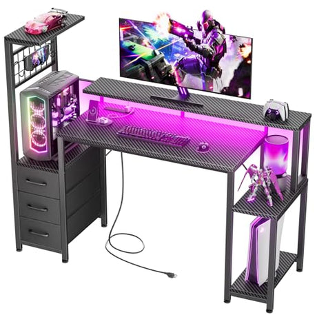 Korfile 48 Inch Gaming Desk with LED Lights & Power Outlets,Computer Desk with Fabric Drawers & Side Hook,Reversible Gamer Table with Monitor Stand for Game Room,Home Office,Carbon Fiber Black Korfile