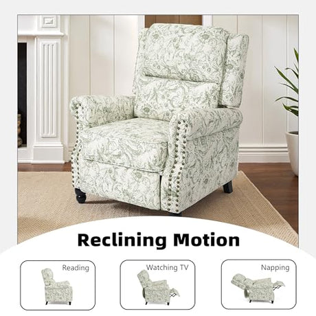 Pushback Recliner Chair, Comfy Fabric Wingback Recliner Chair, Upholstered Armchair Push Back Recliner with Wood Legs, Rivet Trim Single Sofa Accent Chair for Living Room, Bedroom, Rococo Green Qatiby