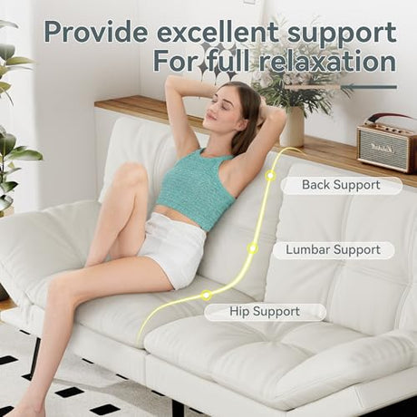 AMICLIBER Futon Sofa Bed Convertible Couch, White Faux Leather Sofa Bed with Memory Foam, Adjustable Backrest & Armrests, Multifunctional Small Loveseat Sleeper Sofa for Living Room, Apartment, Office AMICLIBER