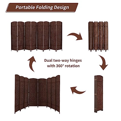 Duraspace 8 Panels Room Divider 6 FT Tall Weave Fiber Privacy Screen Freestanding Double Hinged Folding Screen Extra Wide Room Dividers for Patio Privacy (Brown) DURASPACE