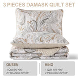 WONGS BEDDING Boho Quilt Set Queen,Beige Paisley Floral Pattern Bedspread Coverlet Set with 2 Pillowcases,Lightweight Microfiber Bohemian Quilt Bedding Set 96"×90" WONGS BEDDING