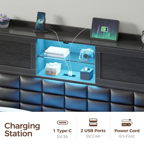 Rolanstar Bed Frame Twin Size with Charging Station, Bookcase Headboard Bed with LED Light and Sliding Doors, Platform Bed with Wooden Slats, No Box Spring Needed, Noise Free, Black Rolanstar