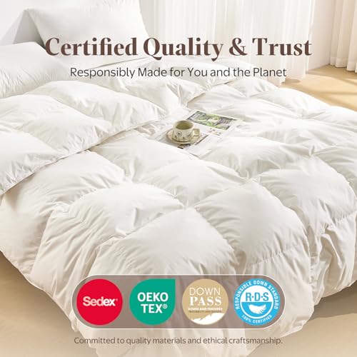Oaken-Cat Goose Feather Down Fiber Comforter King Size - 100% Organic Cotton Shell All Season Duvet Insert, Medium Warmth Hotel Luxury Bedding Comforter(106x90 Inch, White) Oaken-Cat