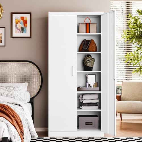 Letaya Metal White Storage Cabinet with Lock-71 Tall Metal Pantry Cabinets,5 Adjustable Shelves and Door for Home,Office,Kitchen,Warehouse,Utility Room(White) Letaya