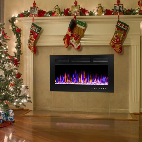 BETELNUT 30" Electric Fireplace Wall Mounted and Recessed with Remote Control, 750/1500W Ultra-Thin Wall Fireplace Heater W/Timer Adjustable Flame Color and Brightness, Log Set & Crystal Options BETELNUT