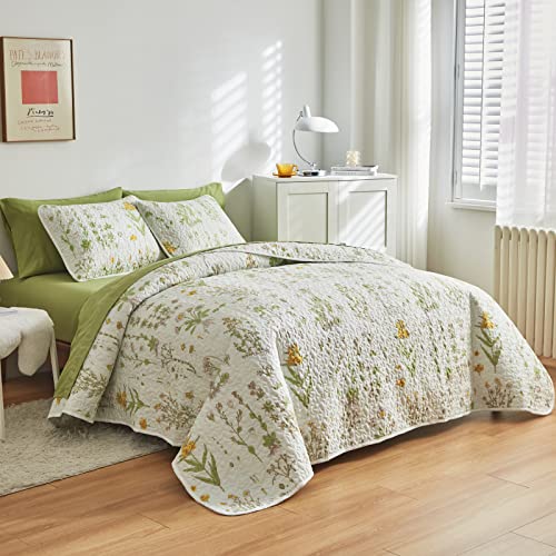 Joyreap 3 Pieces Reversible Quilt Set, Smooth Soft Microfiber Quilt, Yellow Flowers Green Leaves Botanical Design, Bedspread Bed Cover for All Season, 1 Quilt n 2 Pillow Shams (Full/Queen, 90x90) Joyreap