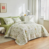 Joyreap 3 Pieces Reversible Quilt Set, Smooth Soft Microfiber Quilt, Yellow Flowers Green Leaves Botanical Design, Bedspread Bed Cover for All Season, 1 Quilt n 2 Pillow Shams (Full/Queen, 90x90) Joyreap