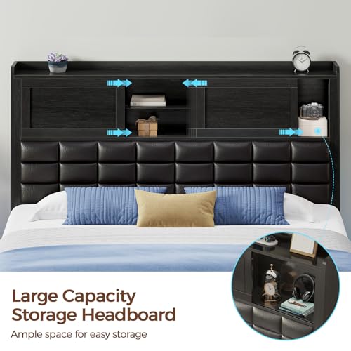 Rolanstar Bed Frame Twin Size with Charging Station, Bookcase Headboard Bed with LED Light and Sliding Doors, Platform Bed with Wooden Slats, No Box Spring Needed, Noise Free, Black Rolanstar