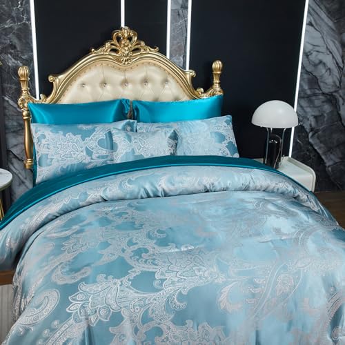 Jacquard Full Comforter Set Peacock Green Sheet Set Satin Bedding Set 8 Pcs Embroidery Neoclassical Floral Bed Home Decor Soft Down Comforter Luxury Hotel Silky Bed in a Bag with 1 Cushion Cover Bedding_Dreamer