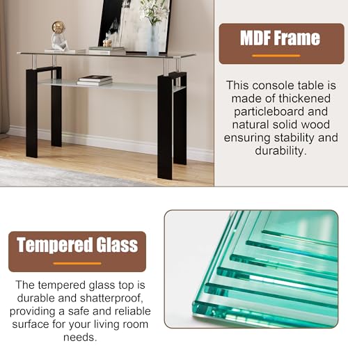 AMHDDT 47" 2-Tier Console Table with Tempered Glass Top and MDF Frame, Modern Black Rectangular Glass Entryway Table for Living Room, Apartment, Office, Easy to Assemble AMHDDT