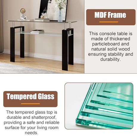 AMHDDT 47" 2-Tier Console Table with Tempered Glass Top and MDF Frame, Modern Black Rectangular Glass Entryway Table for Living Room, Apartment, Office, Easy to Assemble AMHDDT