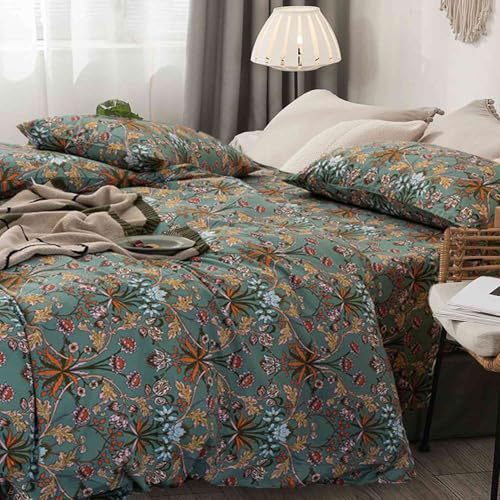 Faincy Bohemian Duvet Cover King Size - Boho Paisley Green Floral Pattern Printed Microfiber Comforter Cover Set - 3PC 90 X 104 Soft and Lightweight Quilt Cover, Retro Farmhouse Style for Women Men Faincy