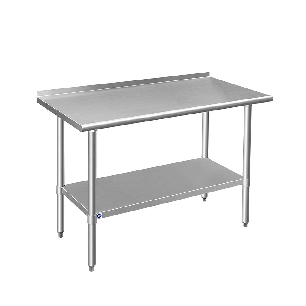 ROCKPOINT Stainless Steel Table for Prep & Work with Backsplash 48x24 Inches, NSF Metal Commercial Kitchen Table with Adjustable Under Shelf and Foot for Restaurant, Home and Hotel ROCKPOINT