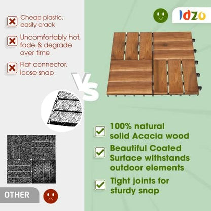 Idzo Interlocking Deck Tiles - 10PCS Waterproof Acacia Wood Patio Tiles, Floor Tiles for Balcony, Backyard, Indoor and Outdoor use - Decking Checker Pattern, 12 x 12 x 0.9 Inches, Golden Teak