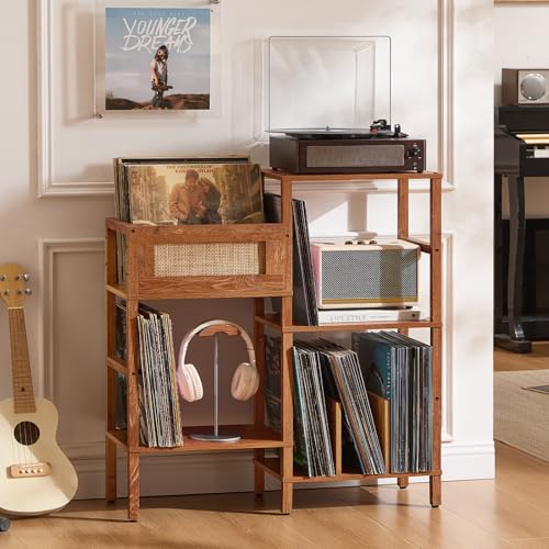 LELELINKY Record Player Stand, Brown Wood Record Holder with Vinyl Storage Holds up to 300+ Albums, 3-Tier Rattan Media Table with Vinyl Display Shelf, Record Storage Cabinet for Living Room LELELINKY