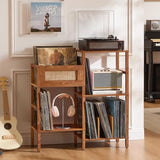 LELELINKY Record Player Stand, Brown Wood Record Holder with Vinyl Storage Holds up to 300+ Albums, 3-Tier Rattan Media Table with Vinyl Display Shelf, Record Storage Cabinet for Living Room LELELINKY