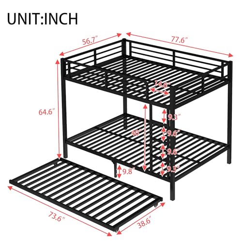 Bellemave Metal Bunk Bed with Trundle, Full Over Full Bunk Trundle and Guardrail and Ladder for Kids/Teenagers, Adults, No Box Spring Needed，Black Bellemave