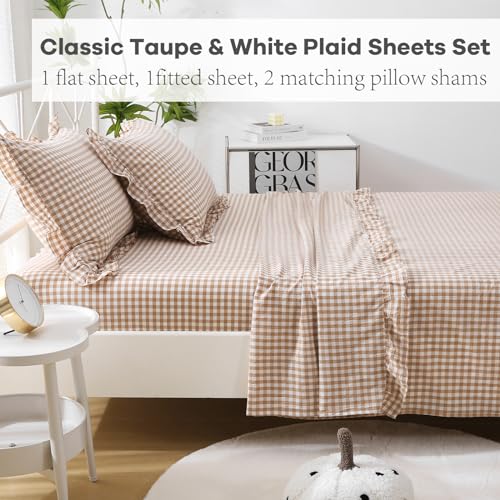 K MASANIJI Taupe White Plaid Ruffle Sheets King Size 4-Piece Set, 300TC 100% Yarn Dyed Cotton Checker Sheets 18‘’ Deep Pocket Farmhouse Gingham Decorative Bedding（Taupe/White Plaid, King） K MASANIJI